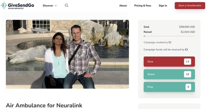 GiveSendGo — Air Ambulance for Neuralink campaign